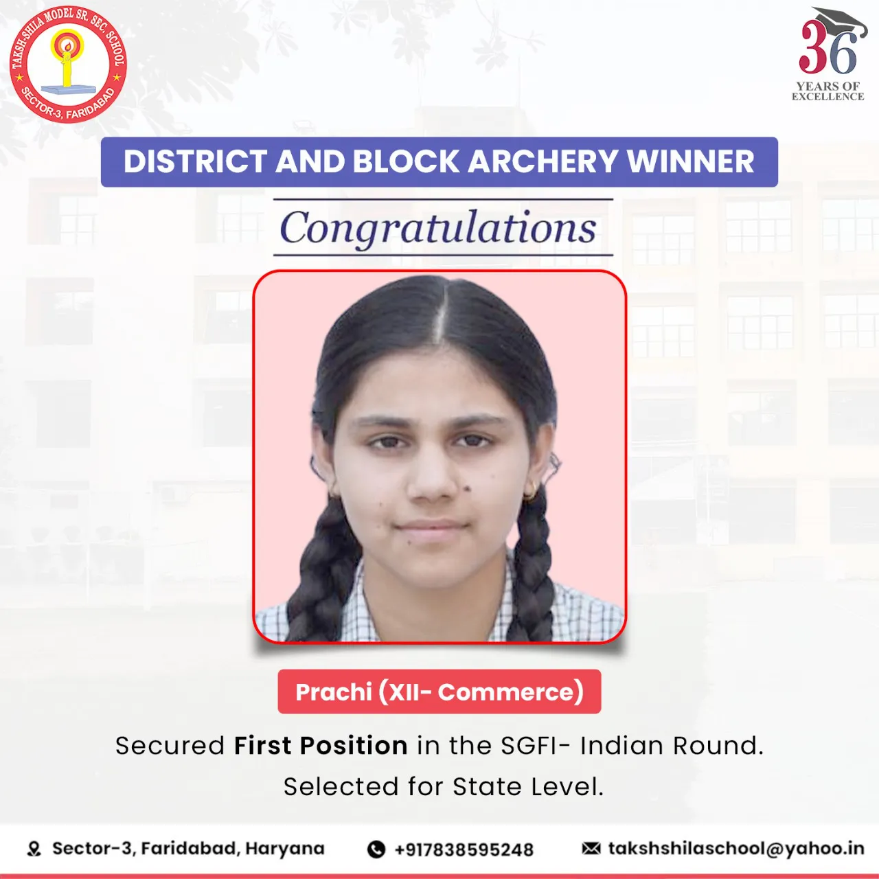 Sports achievement The Taksh Shila School Faridabad student award