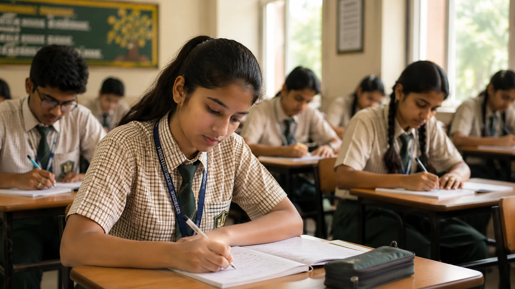 School student studying CBSE textbook in quiet library
