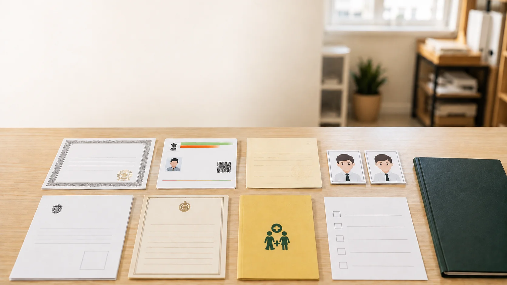 Parent holding admission document folder at school desk