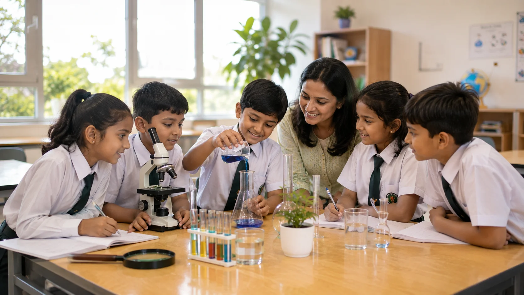 Primary students conducting simple science experiment with teacher