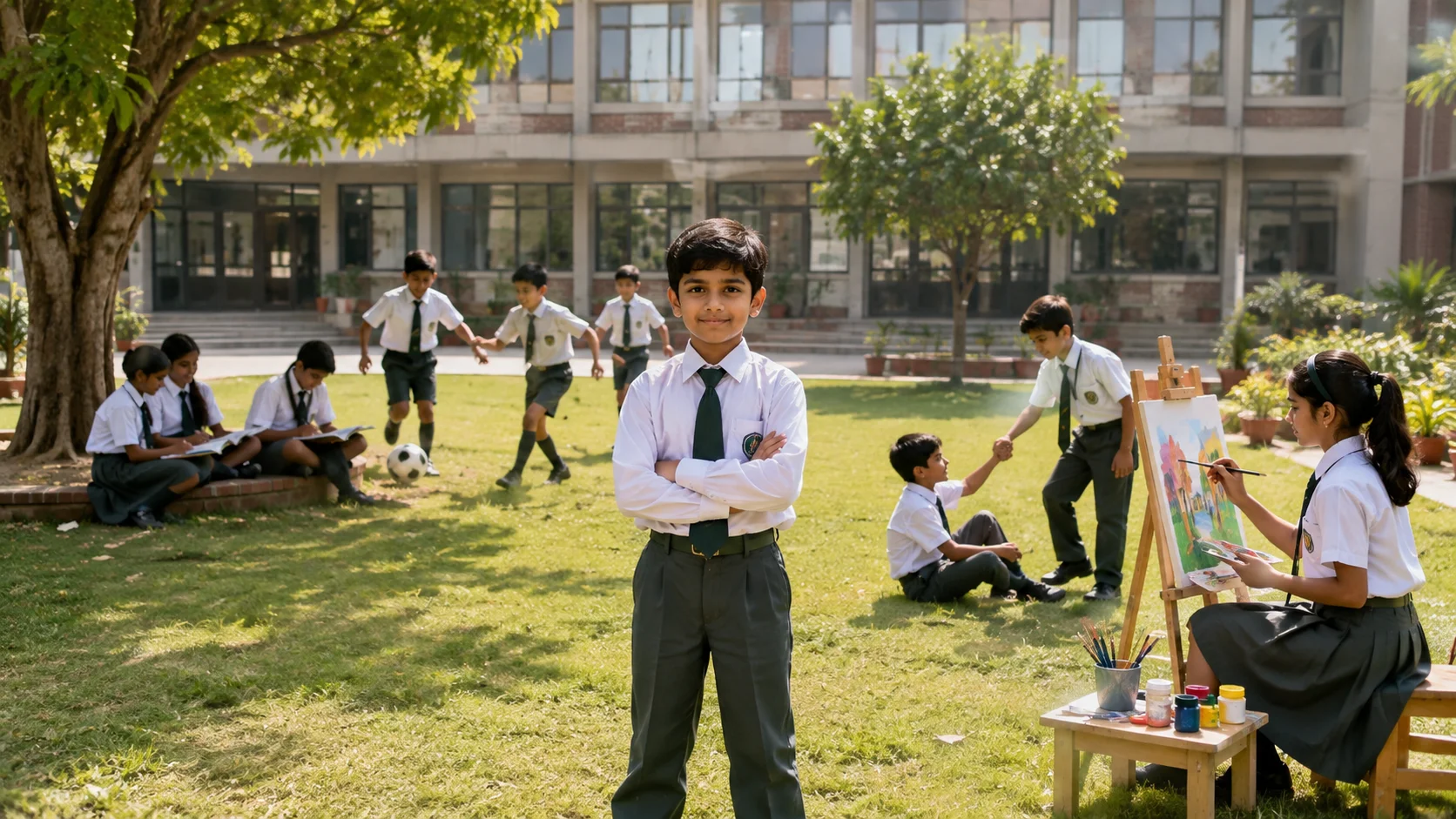 Students participating in sports and creative artwork at Taksh Shila School