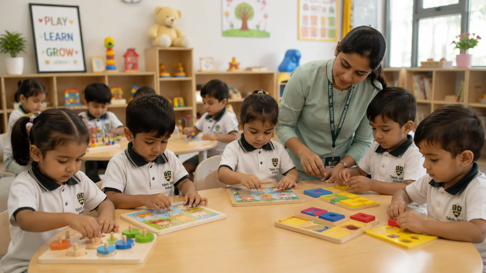 Toddlers playing with wooden building blocks in early learning center