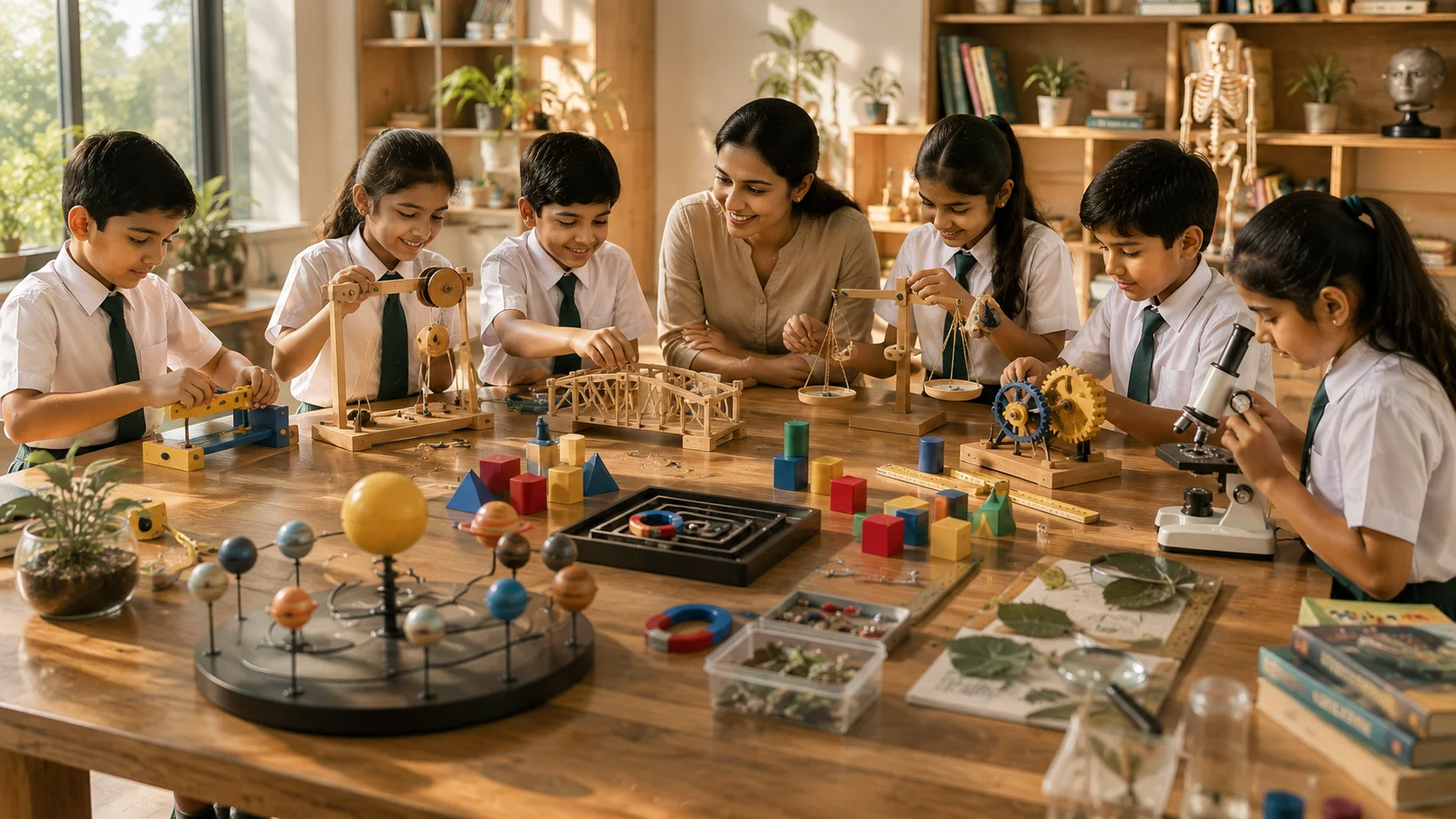 Students solving math puzzle blocks and science lab activity