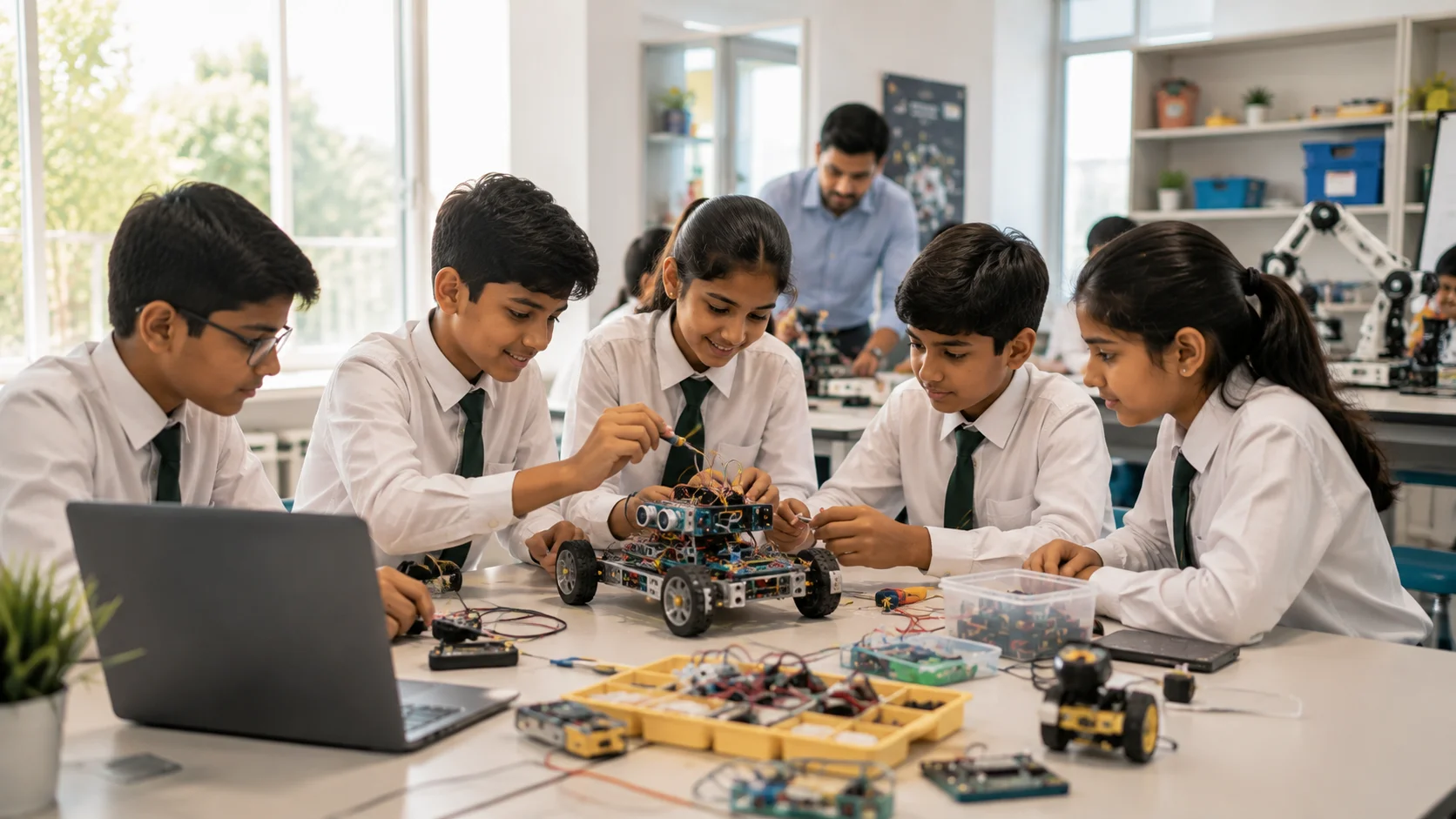 Primary school students assembling electronic robotics kits