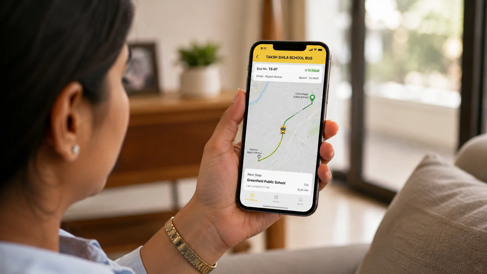Yellow school bus with GPS antenna and safety sensors