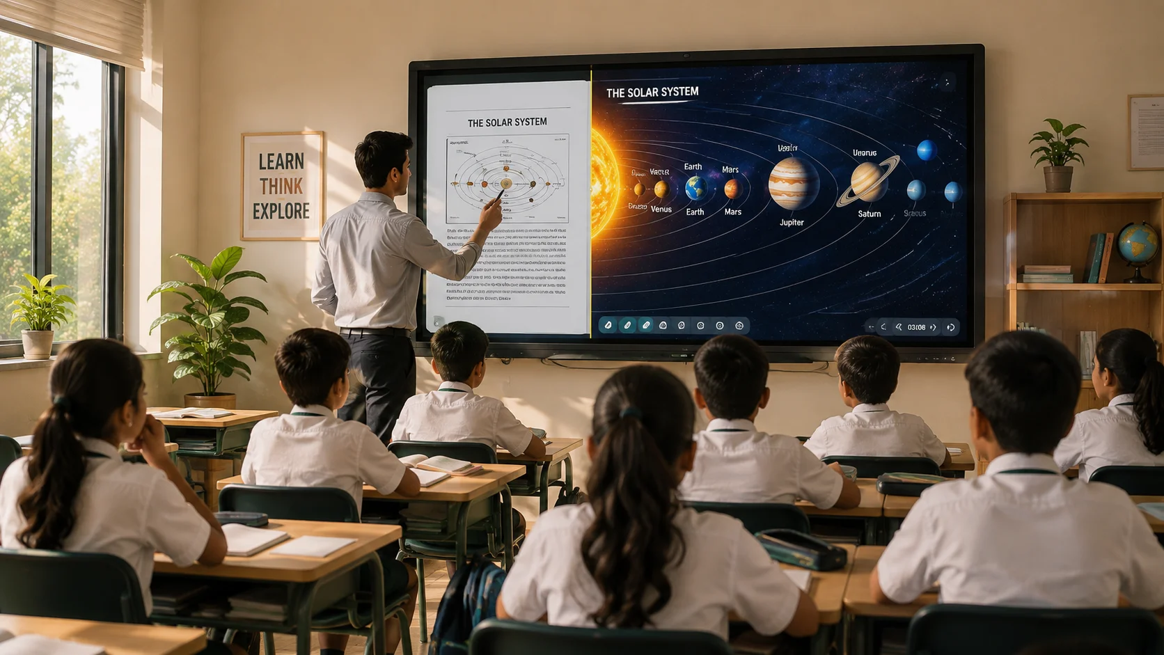 Interactive digital smart board in action during school lesson